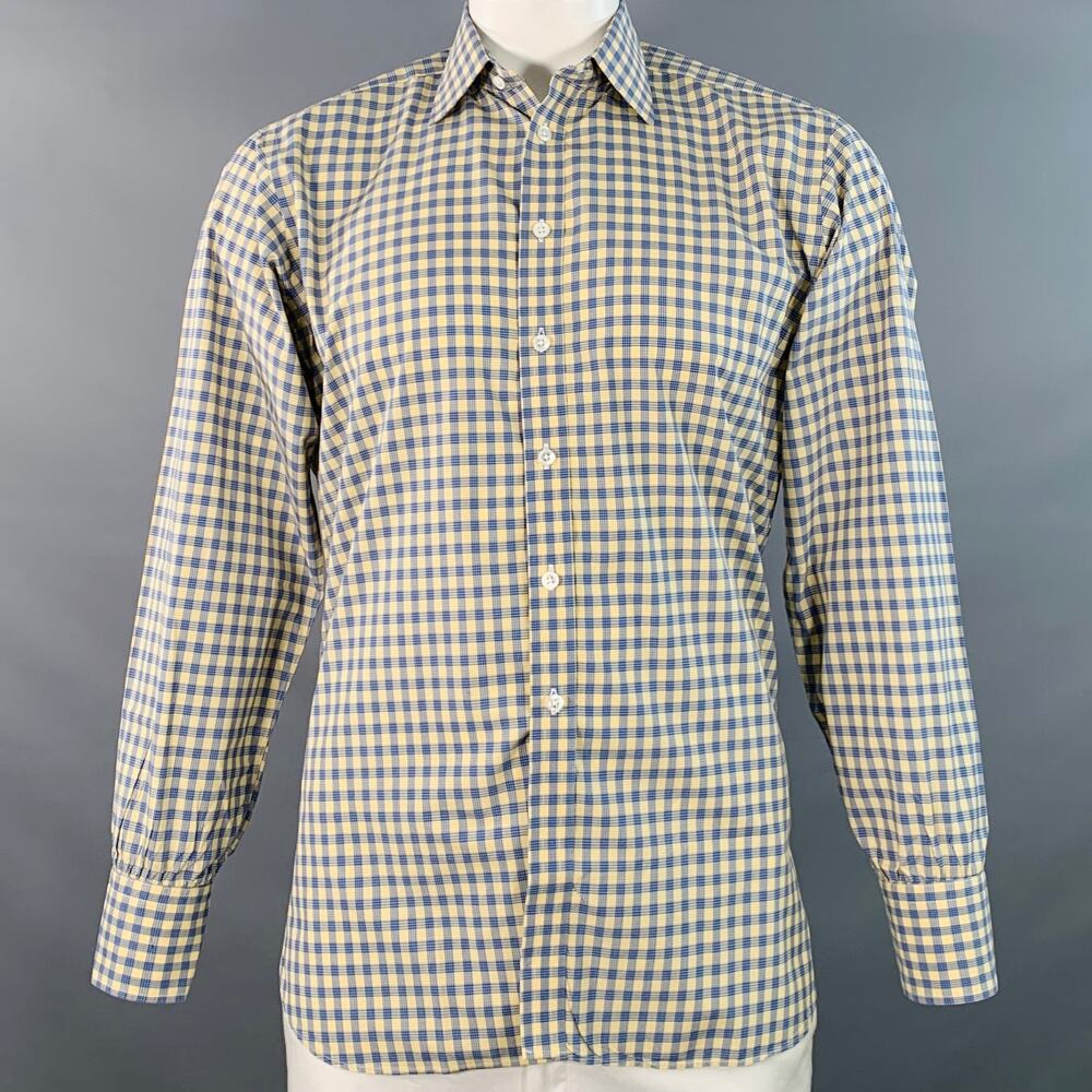 TURNBULL & ASSER Size L Blue Yellow Checkered Cotton Long Sleeve Shirt